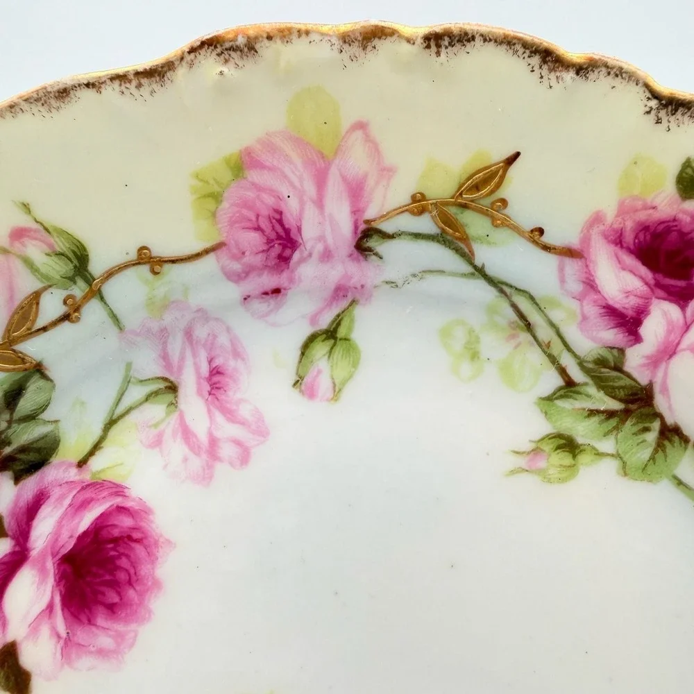 Elite Limoges France Gold Trim Pink White Rose Plate